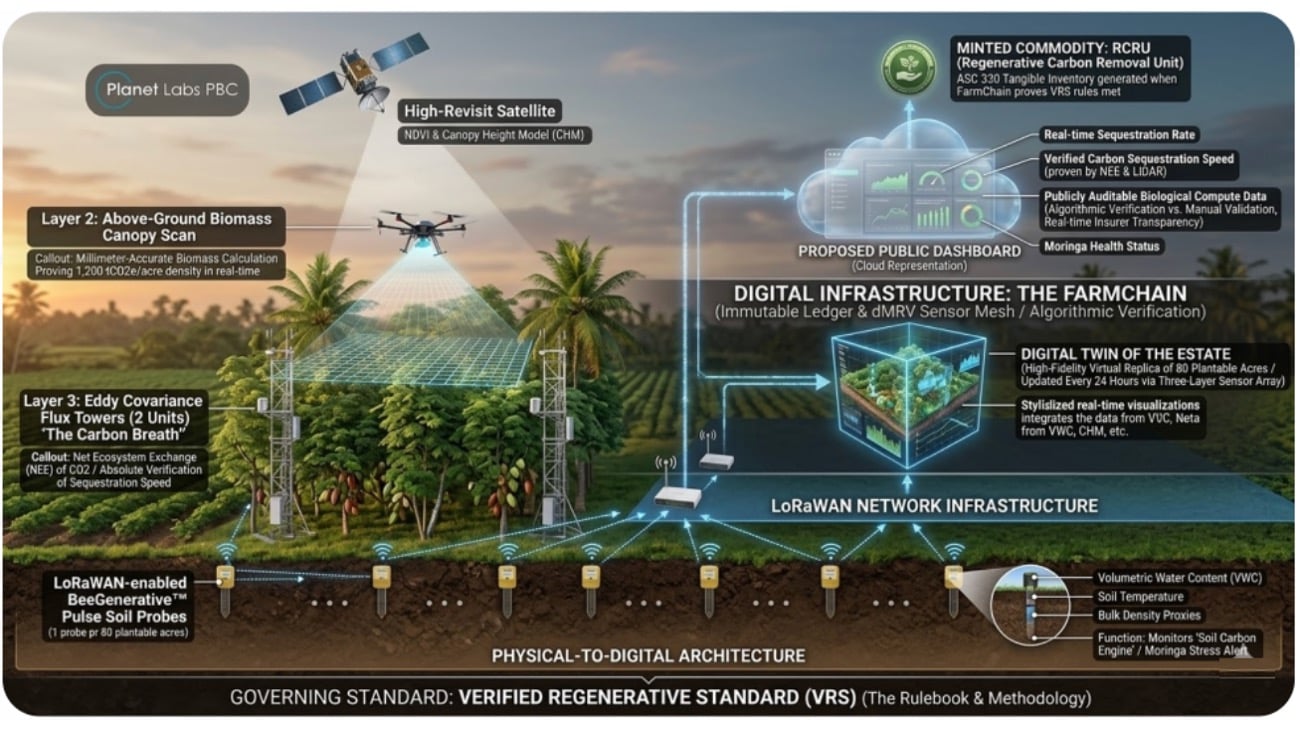 FarmChain physical-to-digital architecture — VRS-governed dMRV sensor mesh generating RCRUs