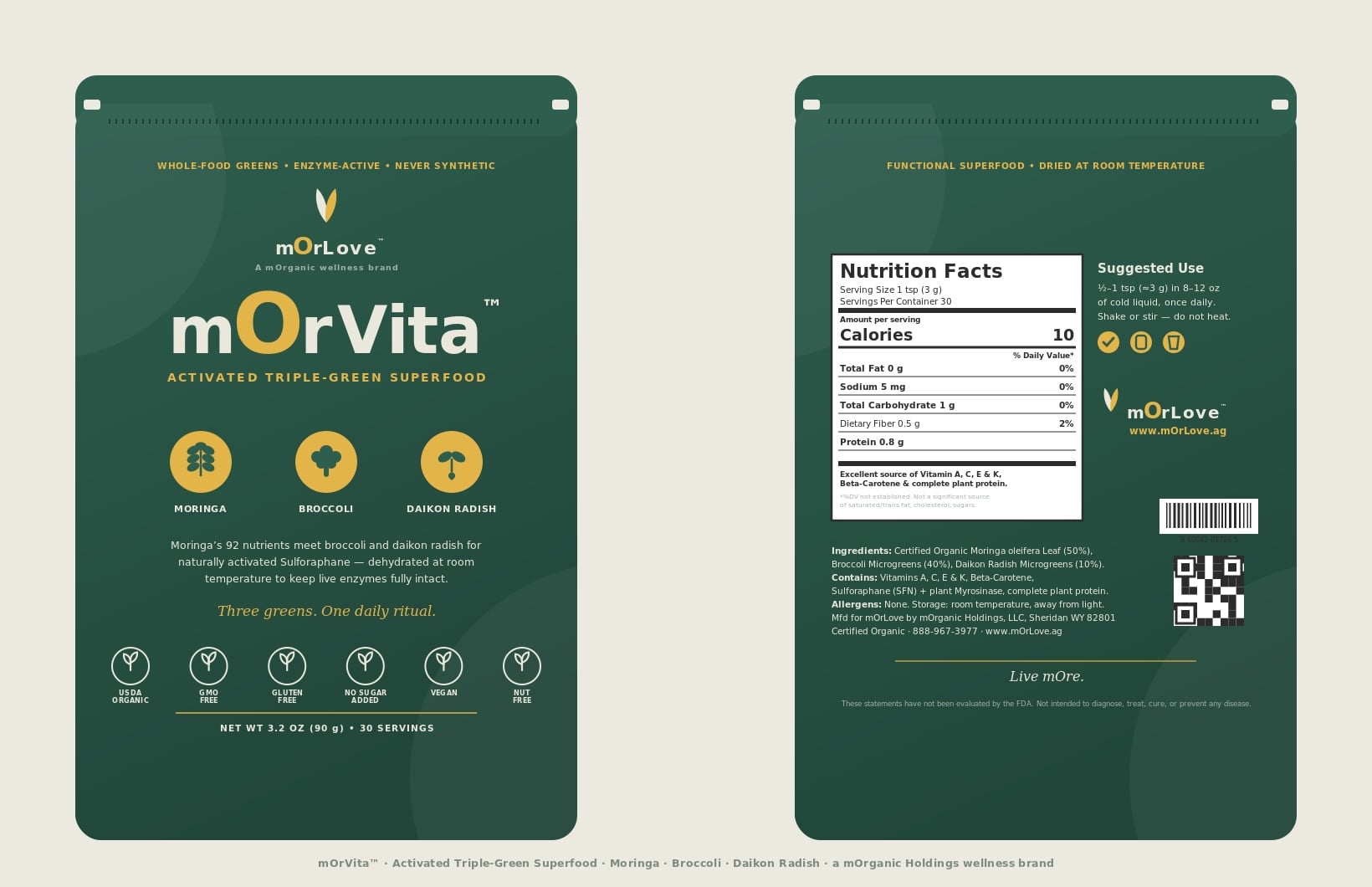 mOrVita™ whole-leaf Moringa — 3.2 oz pouch, front & nutrition panel
