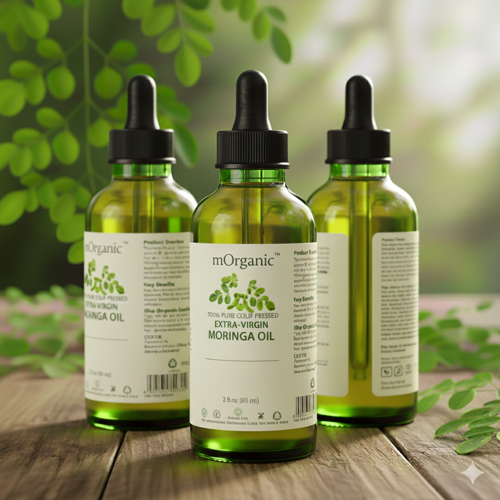 mOrganic Moringa Oil — 50 mL violet-glass dropper bottles