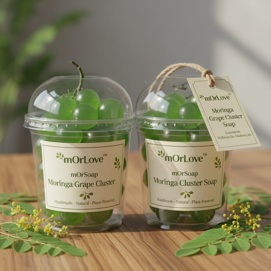 Moringa Grape Cluster soap presented in clear cups with kraft labels