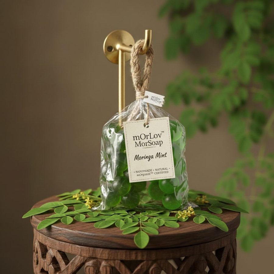 Moringa Mint cluster soap in a clear bag with a hang tag and jute cord