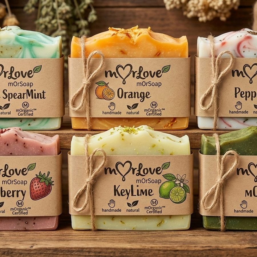 mOrSoap bars in several scents, each banded in kraft paper and tied with twine